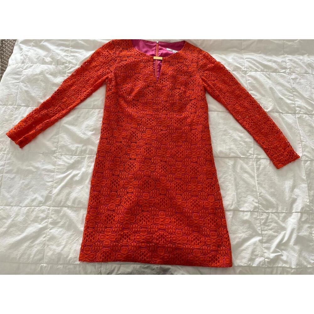 Trina Turk Boardwalk Lace Crandon Dress, Size 8, Orange, Long Sleeves, Lined EUC